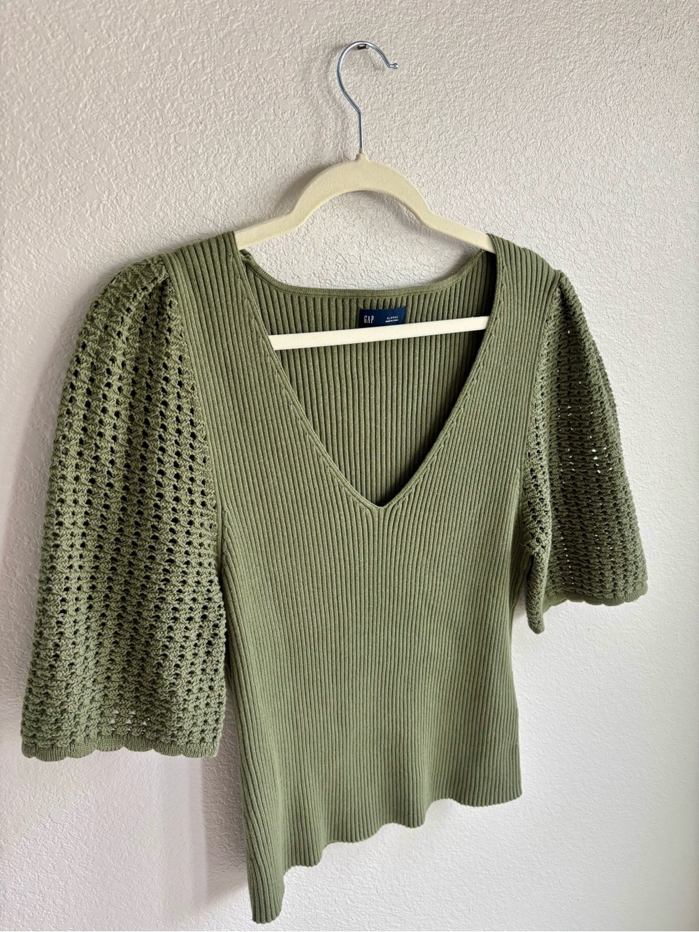 GAP Olive Knit V-Neck Top with Crochet Puff Sleeves